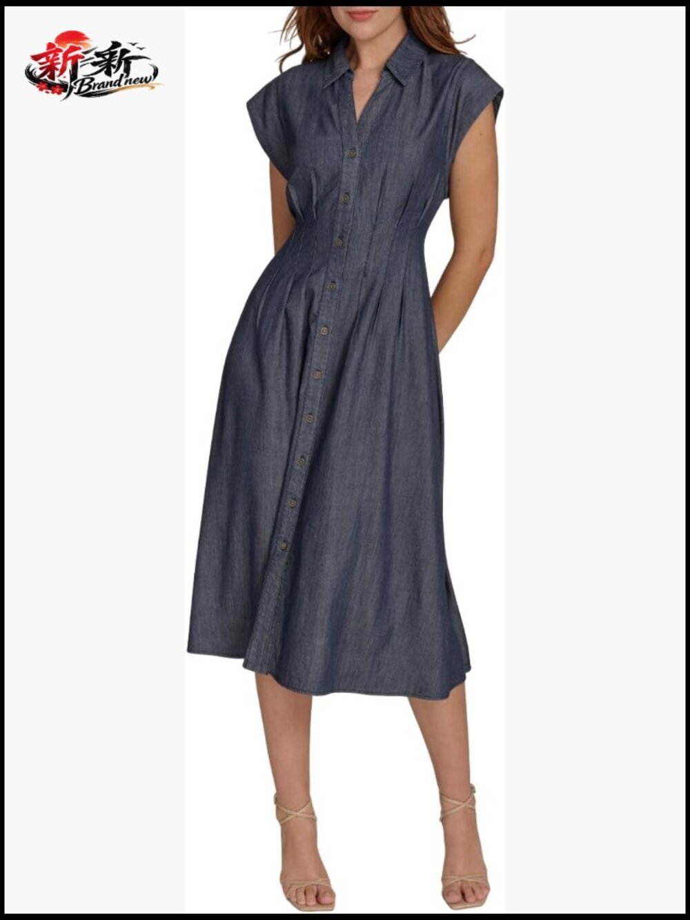 Cap Sleeve Collared Waist Pleating A-Line Midi Shirt Dress